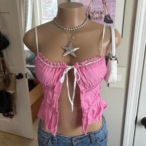 Y2K 2000s fairy pink lace tie cami tank top